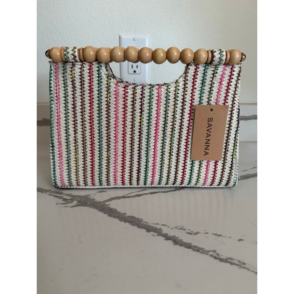 NWT Savanna Raffia Purse Wooden Handle Clutch Medium‎ Multicolor